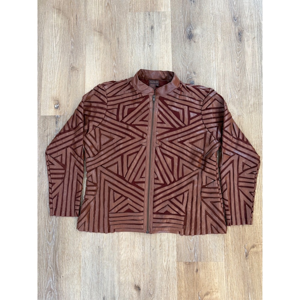 Multiples Boho Geometric Zip Front Jacket Women XL Brown Sheer Mesh Faux Leather